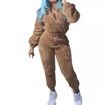 2 шт./комплект женский топ брюки костюм однотонный длинный рукав воротник стойка топ эластичный пояс толстые плюшевые брюки спортивный фитнес наряд пижама L верблюд