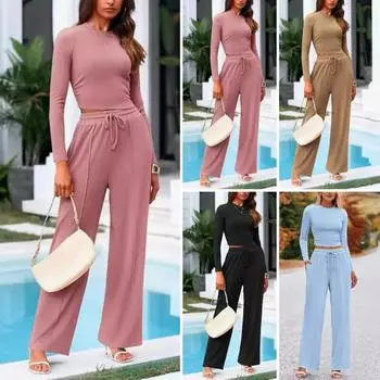 2 шт./комплект женский топ брюки костюм круглый вырез длинный рукав тонкий топ высокая талия S хаки