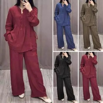 2 шт./комплект женский топ брюки костюм круглый вырез полу однобортный длинный рукав свободная блузка широкие брюки однотонные брюки повседневный брючный костюм спортивная одежда