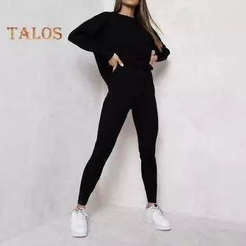 2 шт./комплект женский топ брюки костюм трикотажный круглый вырез длинный рукав плюс размер блузка эластичный пояс облегающие брюки повседневная одежда спортивный наряд осень весна M чёрный