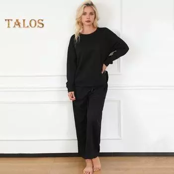 2 шт./комплект женский топ брюки костюм круглый вырез длинный рукав текстурированный однотонный свитшот завязывающийся на резинке талия широкие брюки повседневная спортивная одежда L жёлтый