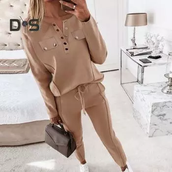 2 шт./комплект женский топ брюки костюм круглый вырез длинный рукав однотонная блузка эластичный пояс облегающие брюки повседневная одежда спортивный наряд осень весна S розовый