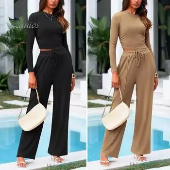 2 шт./комплект женский топ брюки костюм круглый вырез длинный рукав тонкий топ высокая талия завязывающиеся широкие брюки спортивный костюм повседневная одежда наряд S хаки