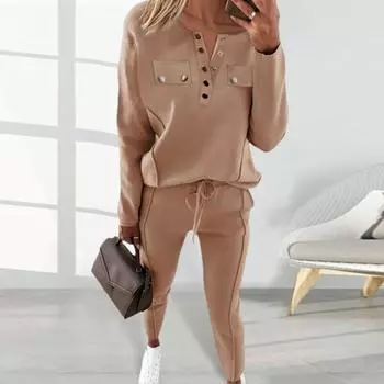 2 шт./комплект женский топ брюки костюм круглый вырез длинный рукав однотонная блузка эластичный пояс облегающие брюки повседневная одежда спортивный наряд M коричневый