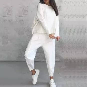 2 шт./комплект женский топ брюки костюм круглый вырез длинный рукав однотонный цвет нерегулярный свитшот завязка эластичный M серый