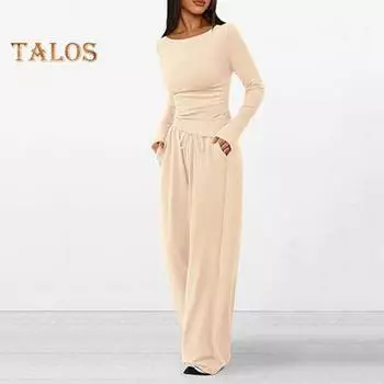 2 шт./комплект женский топ брюки костюм круглый вырез длинный рукав однотонный цвет асимметричная блузка эластичный пояс широкие брюки повседневная одежда спортивный наряд осень XL серый