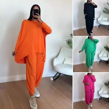 2 шт./комплект женский топ брюки костюм круглый вырез рукав летучая мышь плюс размер XL чёрный