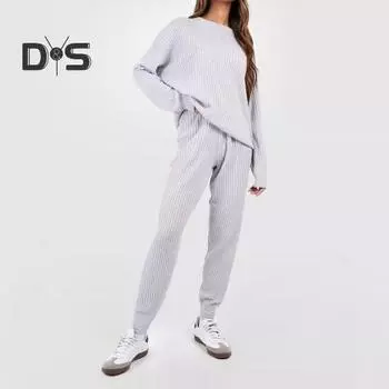 2 шт./комплект женский топ брюки костюм трикотажный круглый вырез длинный рукав плюс размер однотонная блузка эластичный пояс облегающие брюки повседневная одежда спортивный наряд M чёрный