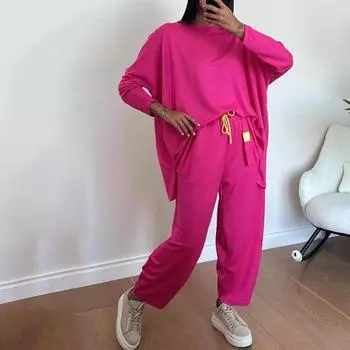 2 шт./комплект женский топ брюки костюм круглый вырез рукав летучая мышь плюс размер однотонный цвет свободная блузка завязывающийся шнурок эластичный пояс шаровары брюки повседневные M чёрный