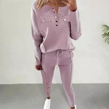 2 шт./комплект женский топ брюки костюм круглый вырез длинный рукав однотонная блузка эластичный пояс тонкий S коричневый