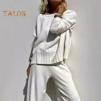 2 шт./комплект женский топ брюки костюм круглый вырез длинный рукав трикотажный свитшот эластичный пояс брюки повседневная одежда спортивный костюм осень весна S чёрный