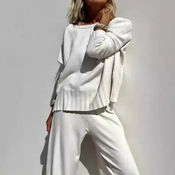 2 шт./комплект женский топ брюки костюм круглый вырез длинный рукав трикотажные однотонные S чёрный