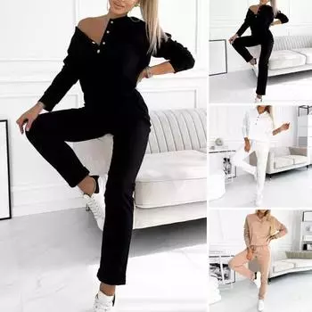 2 шт./комплект женский топ брюки костюм декор пуговицы V-образный вырез длинные рукава однотонный свитшот эластичный пояс брюки повседневная одежда спортивный наряд осень весна L чёрный