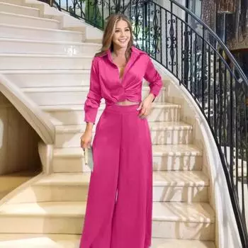 2 шт./комплект женский топ брюки костюм с глубоким вырезом V-образный вырез отложной воротник плиссированный S розы красного