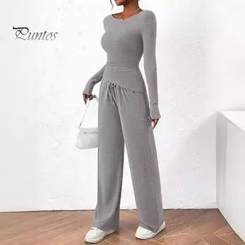 2 шт./комплект женский топ брюки костюм круглый вырез длинный рукав однотонный цвет асимметричная блузка эластичный пояс широкие брюки повседневная одежда спортивный наряд осень S чёрный