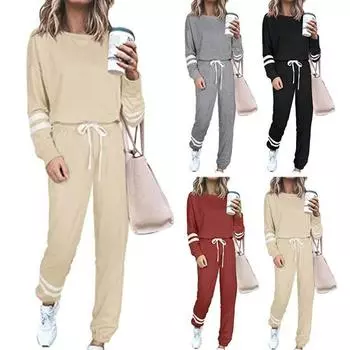 2 шт./комплект женский топ брюки костюм круглый вырез длинный рукав полосатый однотонный свитшот завязывающийся на шнурок эластичный пояс брюки повседневная одежда спортивный наряд S серый