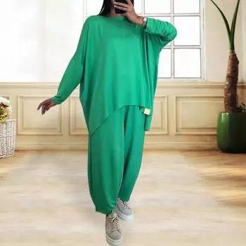 2 шт./комплект женский топ брюки костюм круглый вырез рукав летучая мышь плюс размер однотонный цвет свободная блузка завязывающийся шнурок эластичный пояс шаровары брюки повседневная одежда L зелёный
