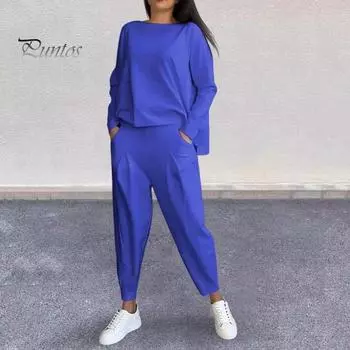 2 шт./комплект женский топ брюки костюм круглый вырез длинный рукав однотонный цвет асимметричный свитшот завязывающийся на шнурок эластичный пояс брюки повседневная одежда спортивный наряд M оранжевый