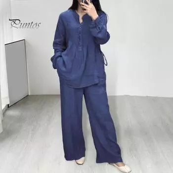 2 шт./комплект женский топ брюки костюм круглый вырез полу однобортный длинный рукав свободная блузка широкие брюки однотонные брюки повседневный брючный костюм спортивная одежда M чёрный