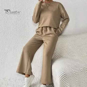 2 шт./комплект женский топ брюки костюм круглый вырез длинный рукав текстурированный однотонный свитшот эластичный пояс широкие брюки повседневная одежда спортивный наряд осень XL абрикосовый