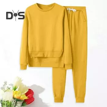 2 шт./комплект женский топ брюки костюм круглый вырез неровный подол длинный рукав свободная футболка завязка эластичный пояс щиколотки карманы брюки комплект осень XL зелёный