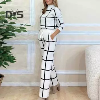 2 шт./комплект женский топ брюки костюм с полувысоким воротником клетчатый принт длинные рукава свободная блузка эластичная высокая талия широкие брюки с карманами OL S серый