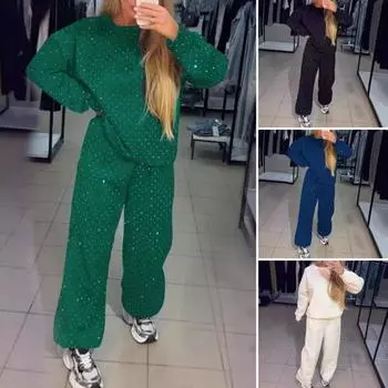 2 шт./комплект женский топ брюки костюм круглый вырез длинный рукав стразы L чёрный