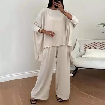 2 шт./комплект женский топ брюки костюм круглый вырез асимметричный подол летучая мышь L абрикосовый