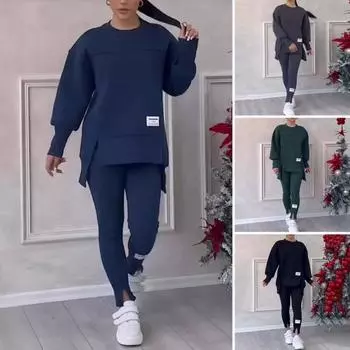 2 шт./комплект женский топ брюки костюм круглый вырез длинный рукав разрез подол толстовка эластичный пояс однотонные облегающие брюки зимний повседневный наряд M чёрный