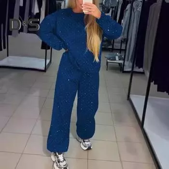 2 шт./комплект женский топ брюки костюм круглый вырез длинный рукав стразы декор толстовка эластичный пояс широкие брюки повседневная одежда спортивный наряд осень M зелёный