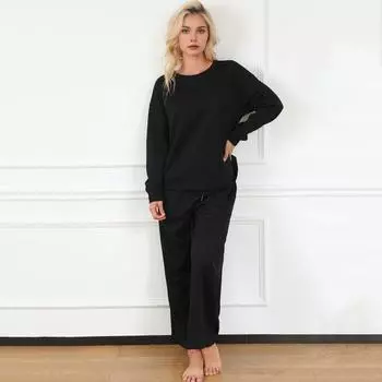 2 шт./комплект женский топ брюки костюм круглый вырез длинный рукав текстурированный однотонный свитшот эластичный шнурок M белый