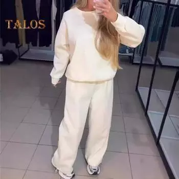 2 шт./комплект женский топ брюки костюм круглый вырез длинный рукав стразы декор толстовка эластичный пояс широкие брюки повседневная одежда спортивный наряд осень M зелёный