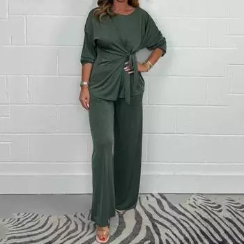 2 шт./комплект женский топ брюки костюм круглый вырез длинный рукав шнуровка XL чёрный