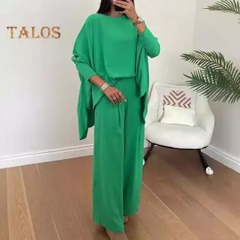 2 шт./комплект женский топ брюки костюм круглый вырез нерегулярный подол рукава летучая мышь однотонная блузка эластичная талия широкие брюки повседневная одежда для поездок на работу M зелёный