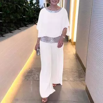 2 шт./комплект женский топ брюки костюм блестящие пайетки рукава летучая мышь пэчворк круглый вырез свободные широкие штанины мягкие дышащие повседневные формальные однотонные футболки брюки XL розовый