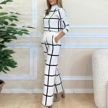 2 шт./комплект женский топ брюки костюм с полувысоким воротником клетчатый принт длинные рукава свободная блузка эластичная высокая талия широкие брюки с карманами OL поездки на работу S хаки