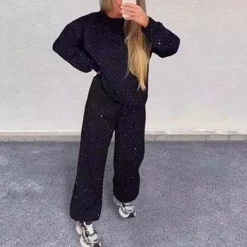 2 шт./комплект женский топ брюки костюм круглый вырез длинный рукав стразы декор толстовка эластичный пояс широкие брюки повседневная одежда спортивный наряд M белый