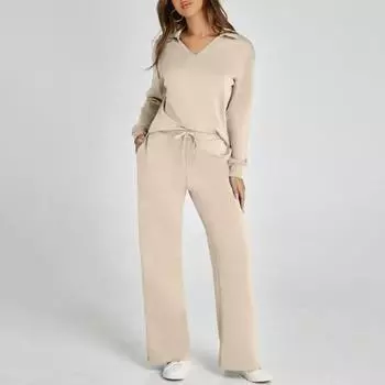 2 шт./комплект женский топ брюки костюм V-образный вырез длинные рукава однотонный спортивный свитшот завязывающийся на резинке пояс широкие брюки фитнес-наряд осень весна M чёрный