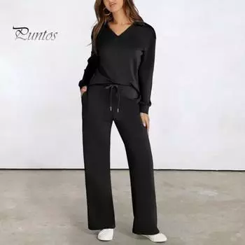 2 шт./комплект женский топ брюки костюм V-образный вырез длинные рукава однотонный спортивный свитшот завязывающийся на резинке пояс широкие брюки фитнес-наряд осень весна S темно-синий