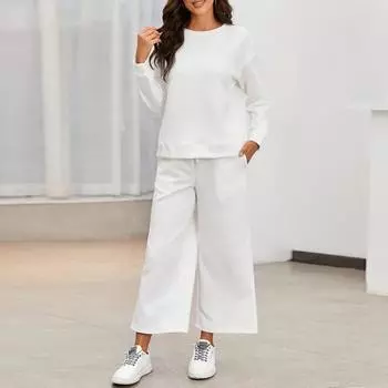 2 шт./комплект женский топ брюки костюм круглый вырез длинный рукав текстурированный однотонный свитшот завязывающийся на резинке талия широкие брюки повседневная спортивная одежда M жёлтый