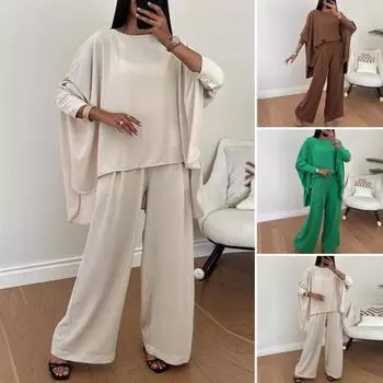 2 шт./комплект женский топ брюки костюм круглый вырез нерегулярный подол рукава летучая мышь однотонная блузка эластичная талия широкие брюки повседневная одежда для поездок на работу M зелёный