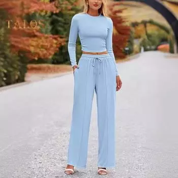 2 шт./комплект женский топ брюки костюм круглый вырез длинный рукав тонкий топ высокая талия завязывающиеся широкие брюки спортивный костюм повседневная одежда наряд S хаки