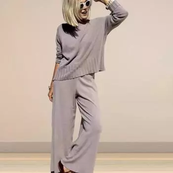 2 шт./комплект женский топ брюки костюм круглый вырез длинный рукав трикотажный однотонный свитшот эластичный пояс брюки повседневная одежда спортивный наряд S верблюд