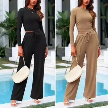 2 шт./комплект женский топ брюки костюм круглый вырез длинный рукав тонкий топ высокая талия завязывающиеся широкие брюки спортивный костюм повседневная одежда наряд S хаки