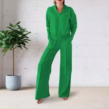 2 шт./комплект женский топ брюки костюм V-образный вырез длинные рукава однотонный средней длины свитшот эластичный пояс широкие брюки спортивный наряд осенний спортивный костюм XXXXL розовый