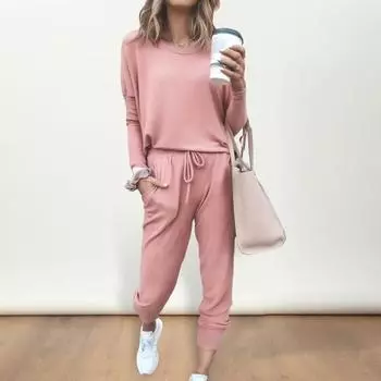 2 шт./комплект женский топ брюки костюм круглый вырез длинный рукав однотонный пижамы спортивный свитшот завязка эластичный пояс брюки фитнес наряд осень M розовый