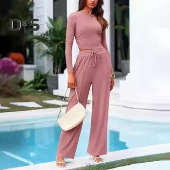 2 шт./комплект женский топ брюки костюм круглый вырез длинный рукав тонкий топ высокая талия завязывающиеся широкие брюки спортивный костюм повседневная одежда наряд S хаки