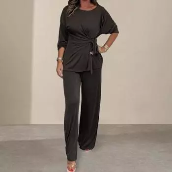 2 шт./комплект женский топ брюки костюм круглый вырез длинный рукав шнуровка плиссированная блузка S чёрный