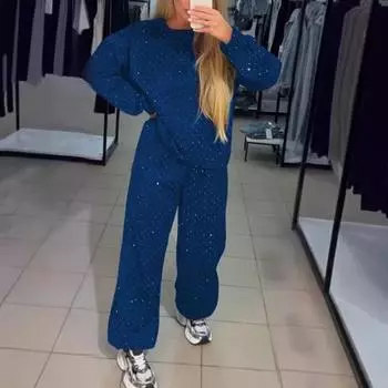 2 шт./комплект женский топ брюки костюм круглый вырез длинный рукав стразы декор толстовка эластичный пояс широкие брюки повседневная одежда спортивный наряд осень M белый