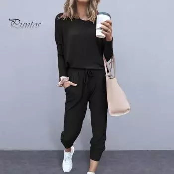 2 шт./комплект женский топ брюки костюм круглый вырез длинный рукав однотонный пижамы спортивный свитшот завязка эластичный пояс брюки фитнес наряд осень M темно-серого